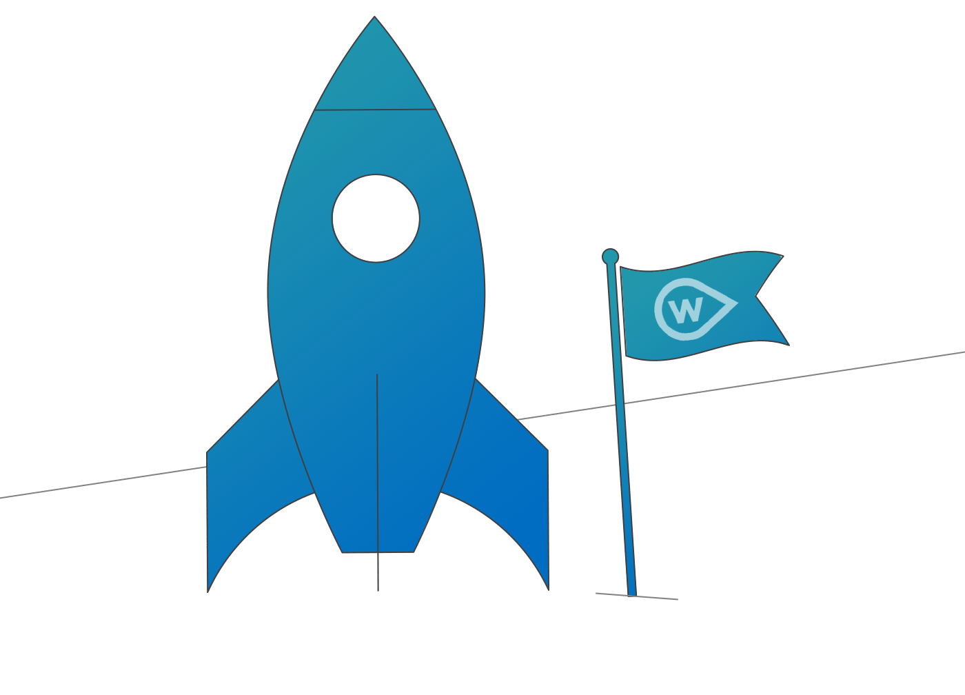 A rocket in space next to a flag emblazoned with the Wellspring logo.